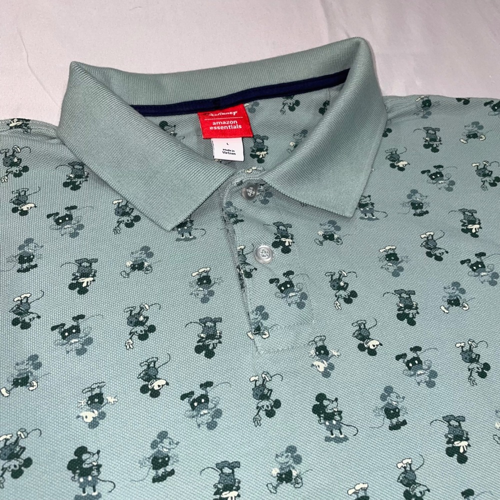 Disney Amazon Essentials Mens Mickey Mouse Polo Shirt Sage Green Cotton Large